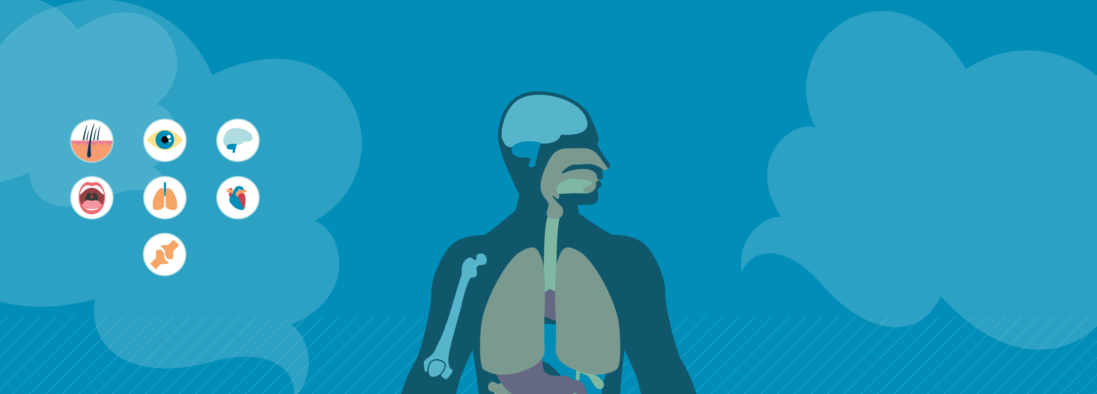 Graphic showing seven icons representing areas of the body impacted by nicotine, including skin, eyes, brain, mouth, lungs, heart, and joints.