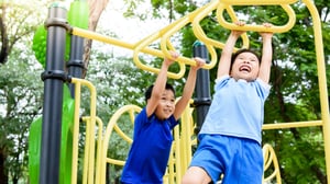 Young boys playing on a jungle gym.